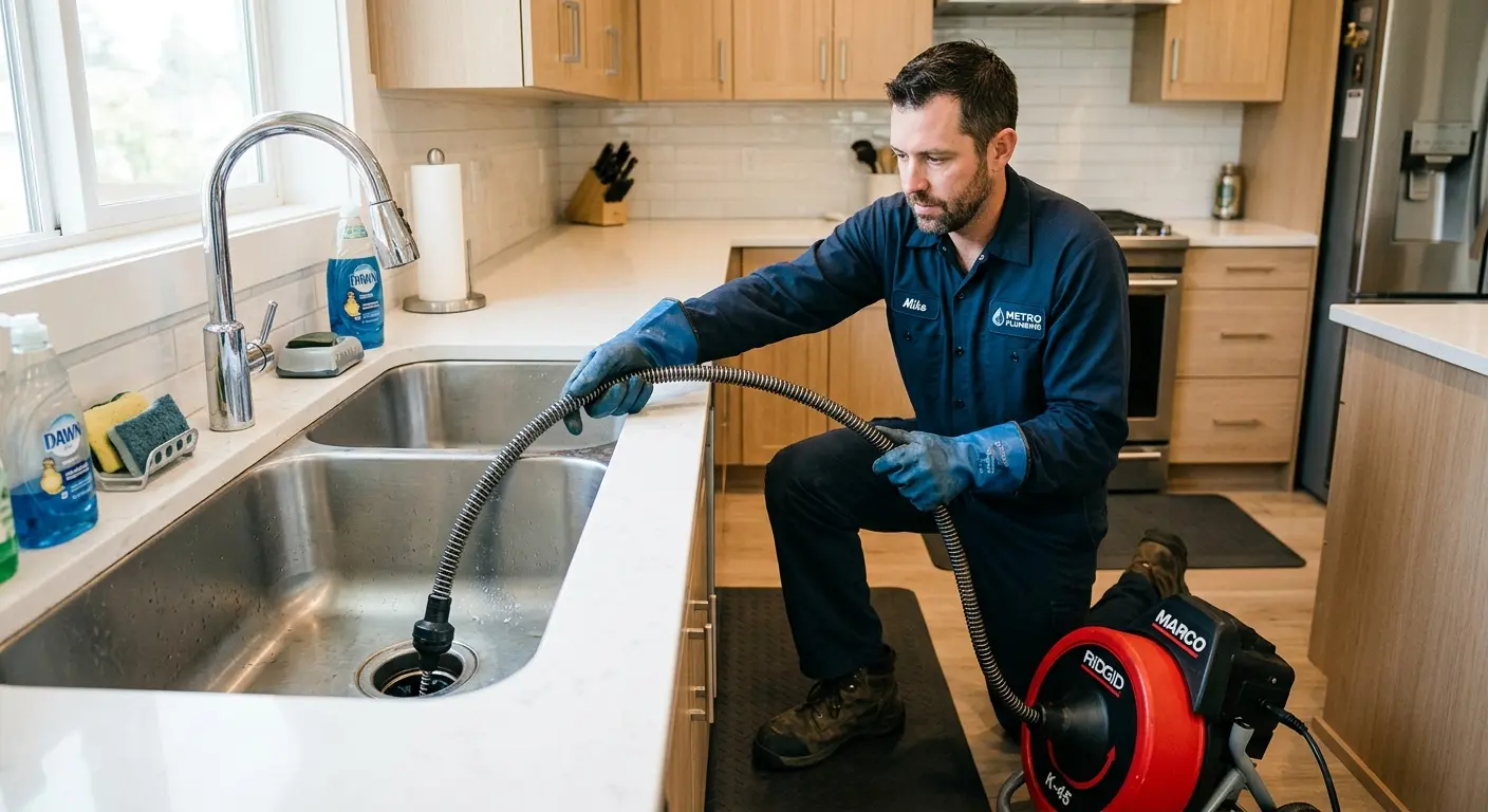 Drain cleaning technician using a motorized snake on a kitchen sink in Benbrook