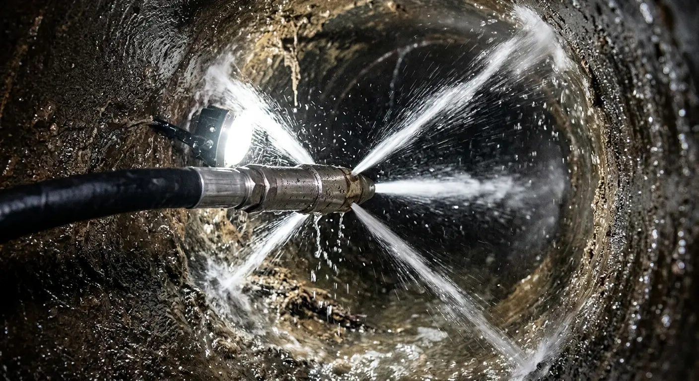 High-pressure hydro jetting nozzle cleaning sewer pipe for Storm Drain Cleaning in Benbrook