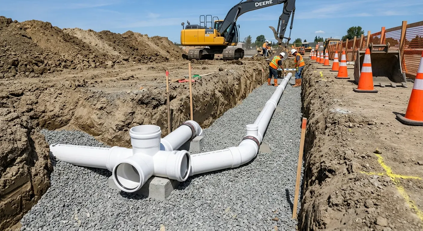 New PVC sewer pipe installation in open trench for Grease Trap Cleaning in Benbrook