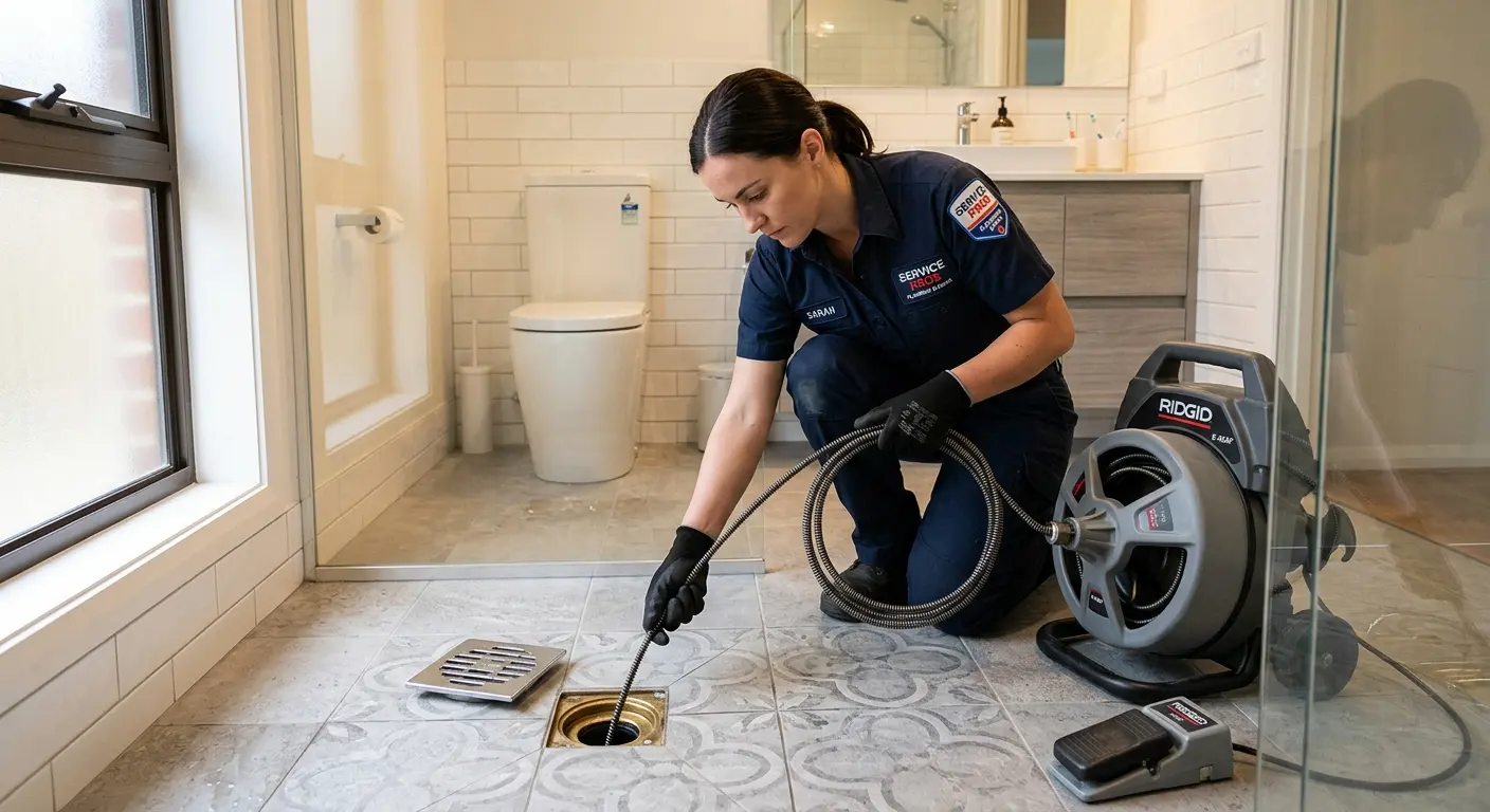 Technician clearing a bathroom floor drain for Sewer Line Installation in Benbrook